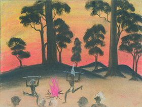 On with the Dance, Anonymous, c1949. Pastel and graphite on paper, 281 x 378mm. The Herbert Mayer Collection of Carrolup Artwork, Curtin University Art Collection