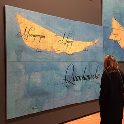 Megan Cope, Minjerriba, Mulumba, Moorgumpin Ngugi, Quandamooka, Yunggulba – Flood Tide series, 2014. Giclée military map and synthetic polymer paint on canvas, (each work 125 x 345 cm, overall 250 x 690cm), Installation view in Defying Empire: 3rd National Indigenous Art Triennial, National Gallery of Australia 2017, courtesy the artist and THIS IS NO FANTASY + dianne tanzer gallery.