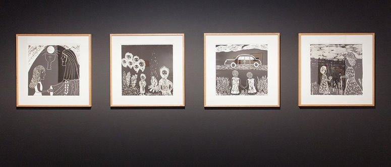 Laurel Nannup, (left) As grandad was speaking out of the darkness came about six men…, 2001. Woodcut on BFK paper, 57.5 x 57.5 cm. (right) …crying our eyes out, 2001. Woodcut on BFK paper, 57.5 x 57.5 cm. Image courtesy of John Curtin Gallery.