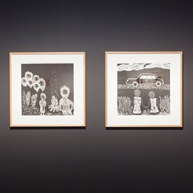 Laurel Nannup, (left) As grandad was speaking out of the darkness came about six men…, 2001. Woodcut on BFK paper, 57.5 x 57.5 cm. (right) …crying our eyes out, 2001. Woodcut on BFK paper, 57.5 x 57.5 cm. Image courtesy of John Curtin Gallery.