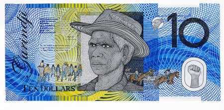 Ryan Presley, 10 Dollar Note – Vincent Lingiari Commemorative, Blood Money, 2011. Watercolour on arches paper, (96 x 45 cm), documented by Carl Warner. Courtesy of the artist. Licensed by Viscopy 2017.