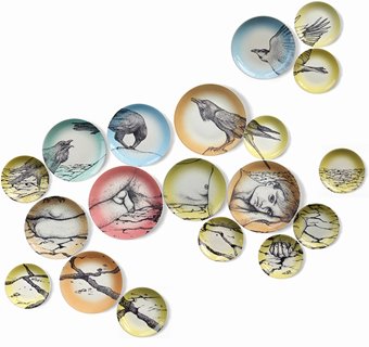 Andrew Nicholls, Bitter Heritage (for Randolph Stow), 2013. Decal print on recycled Wembley Ware dinnerware, approximately 1.5 x 2.5 m  Image: the artist