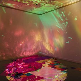 Rebecca Baumann, Reflected Glory, 2013 (detail). ETC Source Fours, mirror, origami paper, Plexiglass, wrapping paper. Dimensions variable. Image: Bo Wong