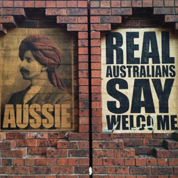 Peter Drew, Aussie and Real Australians say welcome posters, Spencer Street Melbourne, 2016.  